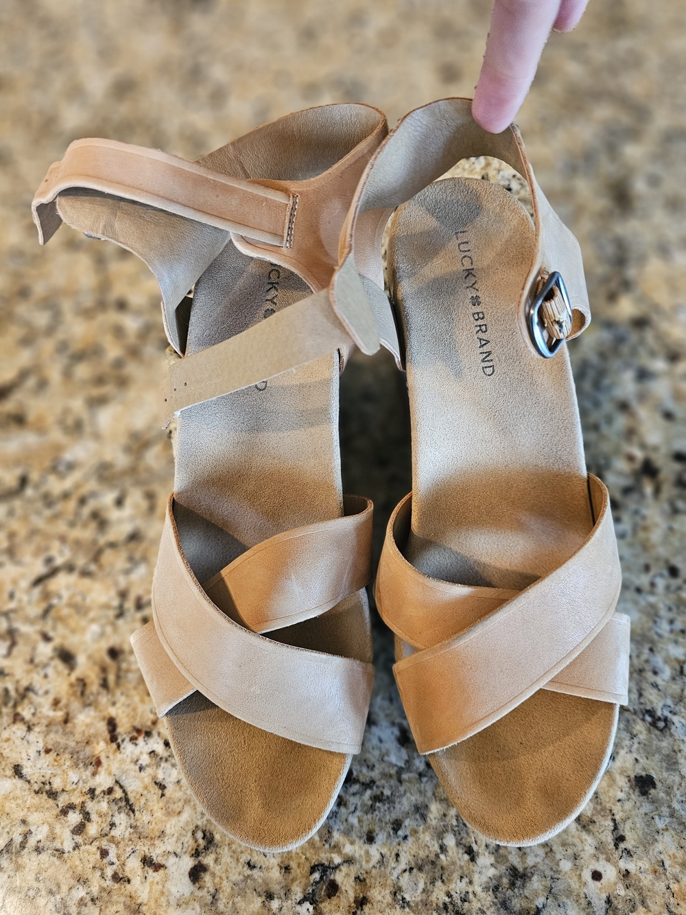 Lucky Brand Beige Tan Crisscross Wedge Sandals